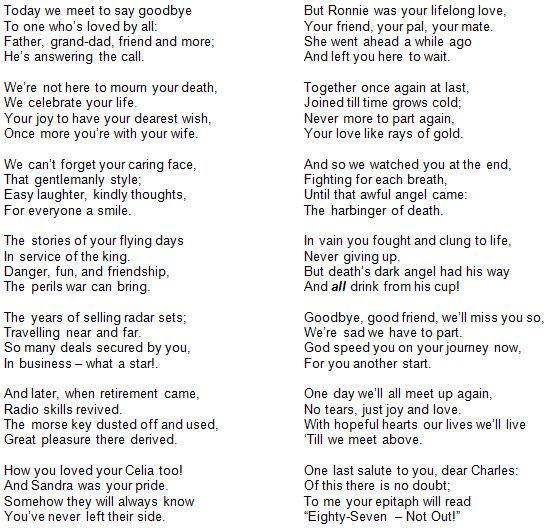 A tribute to Charles Shelton composed by Dave Ellis. Read at Charles' funeral on 9th May 2013.